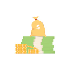 Stack of banknotes and coins with dollars flat vector illustration isolated.