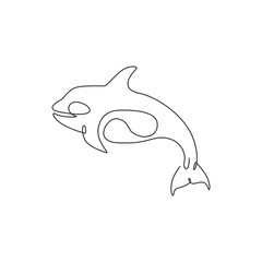 One single line drawing of big cute orca for company logo identity. Orcinus whale mascot concept for national aquatic zoo icon. Modern continuous line draw design vector illustration