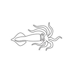 One continuous line drawing of cute squid for seafood logo identity. Sea cuttlefish mascot concept for Chinese restaurant icon. Modern single line draw design vector illustration