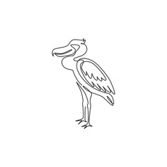 Single continuous line drawing of large adorable shoebill for logo identity. Big prehistoric dinosaur bird mascot concept for conservation park icon. Modern one line draw design vector illustration