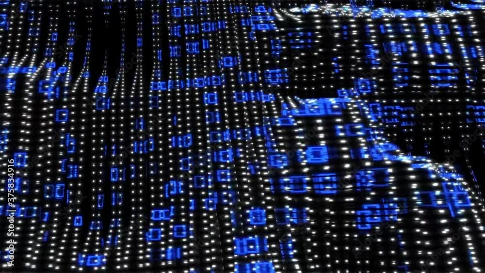 Poster 3d futuristic data background - varying binary code in blue color mapped onto a surface moving in wa