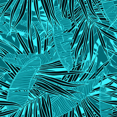Tropical pattern with leaves. Seamless texture with banana and palm tree leaf. Banner for the travel and tourism industry, summer print. Blue design element.
