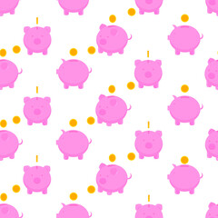 This is a seamless pattern with piggy and money on a white background.