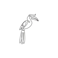 One continuous line drawing of cute great hornbill for company logo identity. Large beak bird mascot concept for national conservation park icon. Modern single line draw design vector illustration © Simple Line