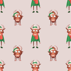 Fototapeta premium Seamless pattern for Happy Chinese new year 2021 - funny bulls. Vector illustration. Great for wrapping paper, textile, wrapping paper.