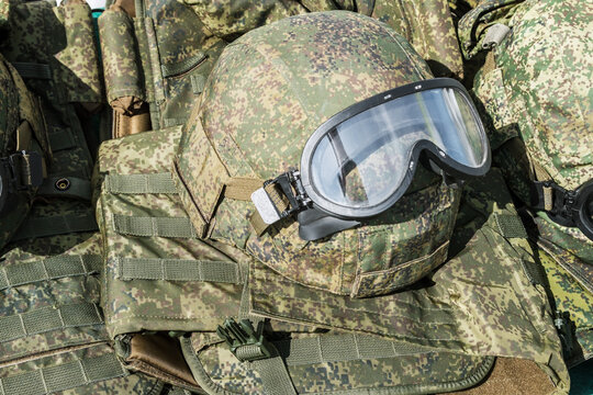 military ammunition and combat equipment of a soldier. Helmet and bulletproof vests and other military equipment