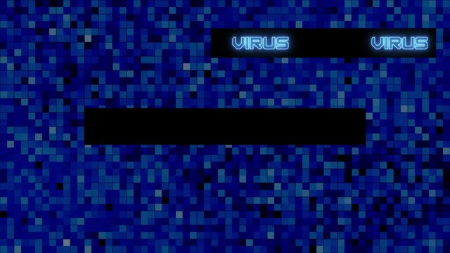 VIRUS text lettering - shown in different positions on blue digital abstract mosaic background with changing colors - abstract movement of square graphic elements