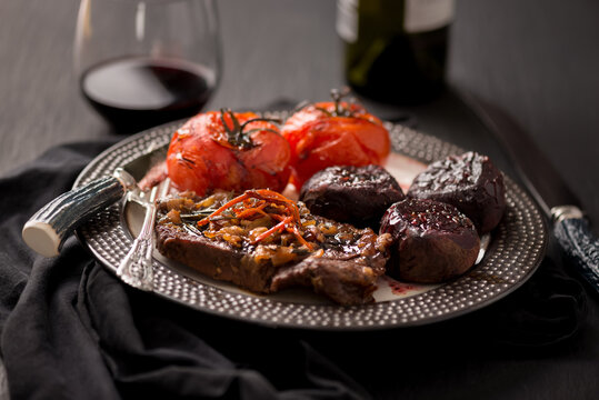 Steak in Red Wine Balsamic Vinegar Reduction with Tomato and Beets