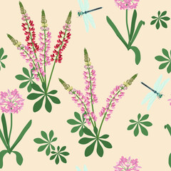 Seamless vector illustration with lupins and dragonflies