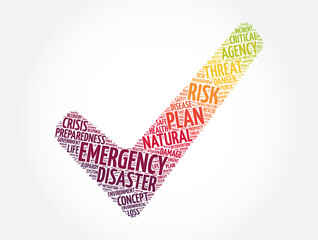 Emergency check mark word cloud collage, concept background