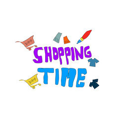 Cartoons for shopping time text, shopping time has arrived, text for marketing and sales. good for promotional text, vector illustration