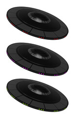 Three unidentified flying object different colors. Set UFO spacecraft isolated on white background. Alien spaceships. 3D Illustration.