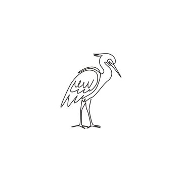 One continuous line drawing of cute standing heron for company logo identity. Coastal bird mascot concept for national park icon. Modern single line draw design vector graphic illustration