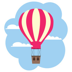 Hot air balloon, red hot air balloon on a background of sky and clouds. Vector, cartoon illustration.