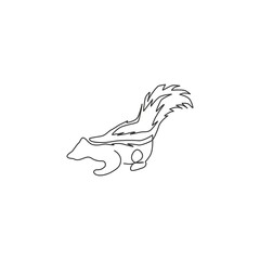 One continuous line drawing of cute striped skunk for logo identity. Mephitidae north and south American mammal mascot concept for national zoo icon. Modern single line draw design vector illustration