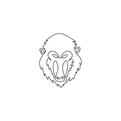One single line drawing of exotic mandrill head for company logo identity. Largest monkey face mascot concept for national safari park icon. Modern continuous line draw design vector illustration