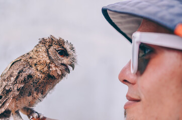 Dude's listening to a small, talkative owl