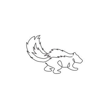 recommend clip art: One single line drawing of adorable striped skunk for company logo identity. Sprayer liquid with stink smell animal mascot concept for zoo icon. Modern continuous line draw design vector illustration
