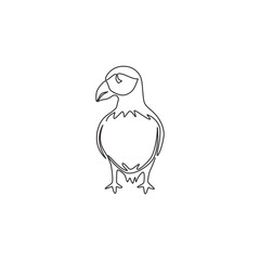 One single line drawing of funny puffin for organisation logo identity. Adorable sea bird mascot concept for national conservation park icon. Modern continuous line draw design vector illustration