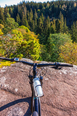 Fototapeta na wymiar Bicycle by a cliff and a forest with autumn colors