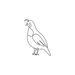 One single line drawing of adorable California valley quail for poultry logo identity. Dust bath bird mascot concept for national zoo icon. Modern continuous line draw design vector illustration