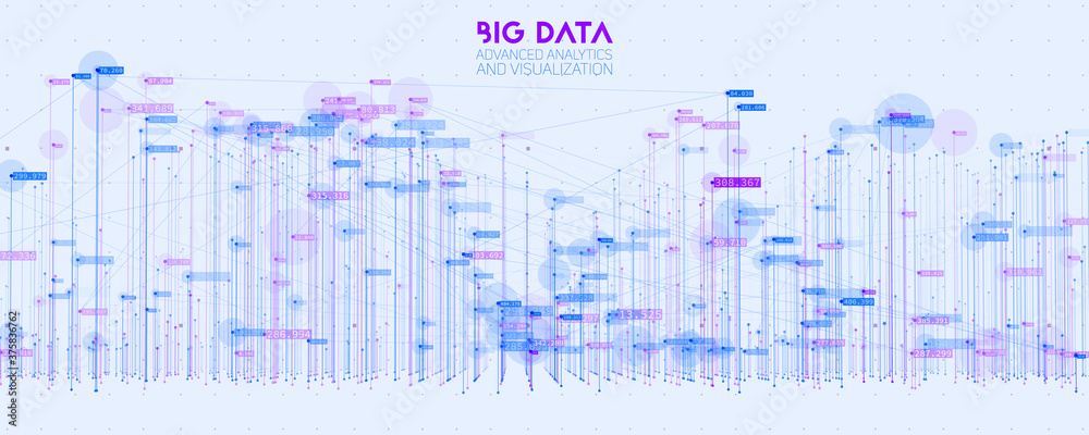 Poster Vector abstract 3D big data visualization. Futuristic infographics aesthetic design. Visual information complexity. Intricate data threads plot. Social network or business analytics representation.
