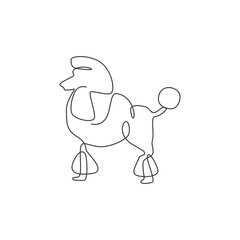 One continuous line drawing of cute poodle dog for company logo identity. Purebred dog mascot concept for pedigree friendly pet icon. Modern single line draw design graphic vector illustration