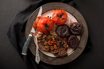 Steak in Red Wine Balsamic Vinegar Reduction with Tomato and Beets