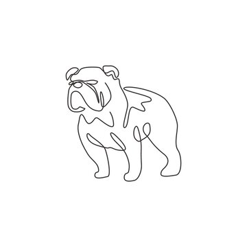 One continuous line drawing of dashing bulldog for company logo identity. Purebred dog mascot concept for pedigree friendly pet icon. Modern single line draw design vector graphic illustration