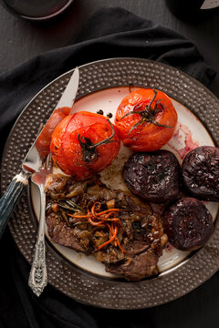 Steak in Red Wine Balsamic Vinegar Reduction with Tomato and Beets
