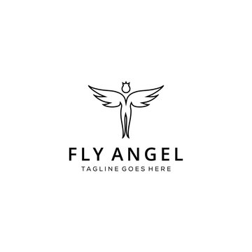 Illustration Women fly angel with crown sign logo with wings silhouette style