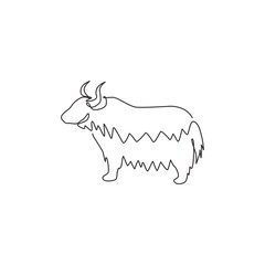 One continuous line drawing of dashing yak for company logo identity. Ox mammal mascot concept for livestock icon. Modern single line draw graphic design vector illustration