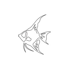 Single one line drawing of funny freshwater anglefish for company logo identity. Cute pterophyllum fish mascot concept for aquatic show icon. Modern continuous line draw design vector illustration