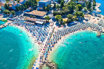 Aerial view of Poli Mora turquoise sand beach in Selce