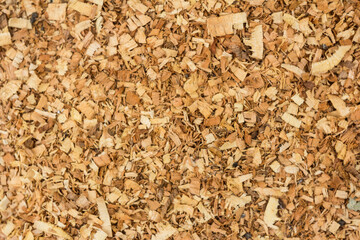 Sawdust or wood dust texture background. Wood sawdust background closeup. Sawdust floor texture. Top view. Saw dust texture, close-up background of brown sawdust.