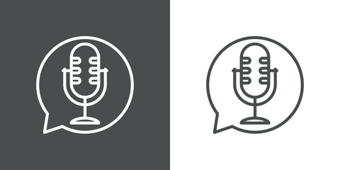 Concepto mensajes de voz. Icono lineal micrófono en burbuja de habla en fondo gris y fondo blanco © teracreonte