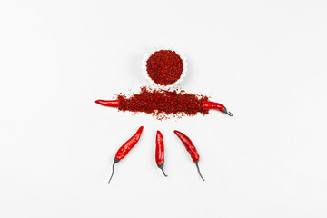 red chilli and red chilli powder with white background.