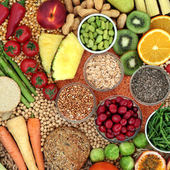 
Healthy high fibre food collection for good digestive health with foods also high in antioxidants, minerals, vitamins, anthocyanins, omega 3, protein, carotenoids & lycopene. Health care concept. 