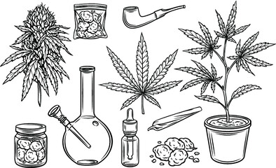 Marijuana outline icons vector set, hemp leaves and seeds, cannabis bud. Smoking cannabis pipe, cigarette, buds indica marijuana, joint, glass jar, tobacco and plastic bag. - obrazy, fototapety, plakaty