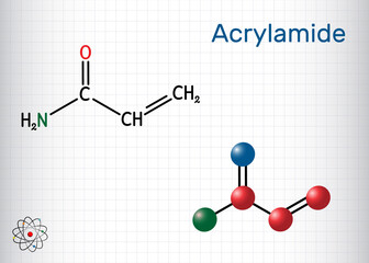 Acrylamide, ACR, acrylic amide molecule. It is as a precursor to polyacrylamides. Structural chemical formula and molecule model. Sheet of paper in a cage
