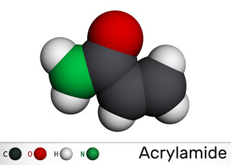 Acrylamide, ACR, acrylic amide molecule. It is as a precursor to polyacrylamides. Molecular model