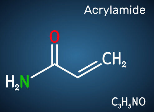 Acrylamide, ACR, acrylic amide molecule. It is as a precursor to polyacrylamides. Structural chemical formula on the dark blue background