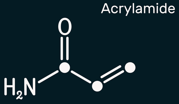 Acrylamide, ACR, acrylic amide molecule. It is as a precursor to polyacrylamides. Skeletal chemical formula on the dark blue background