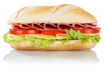 Sub sandwich with salami ham and cheese from the side isolated on white