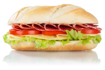 Fototapeten Sub-Sandwich mit Salami-Schinken und Käse von der Seite, isoliert auf weiss © Markus Mainka