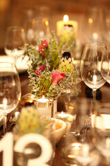 Fine flower center piece on the table for an event.