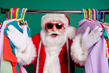 Close-up portrait of his he nice fat funny cheerful cheery Santa father shopper buyer selling...