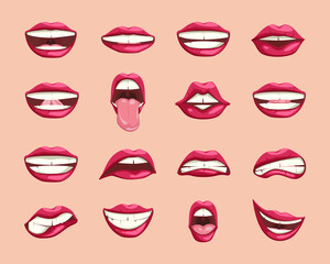 Collection of cartoon lips. Сute mouth expressions facial gestures. set  smiling sticking out tongue. cartoon smile, set emotions lips sticking out tongue.