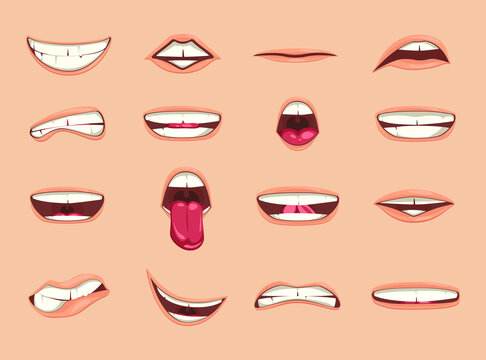Collection of cartoon lips. Сute mouth expressions facial gestures. set  smiling sticking out tongue. cartoon smile, set emotions lips sticking out tongue.