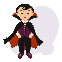 Cute little dracula in a Halloween costume with a cloak. Flat style, cartoon, vector.